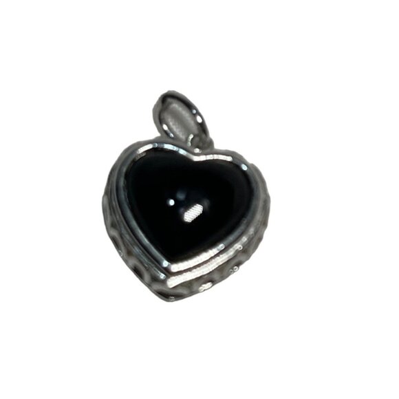 Black Onyx and Silver Heart Shaped Pendant with Filigree Back .5 inch - Picture 1 of 7
